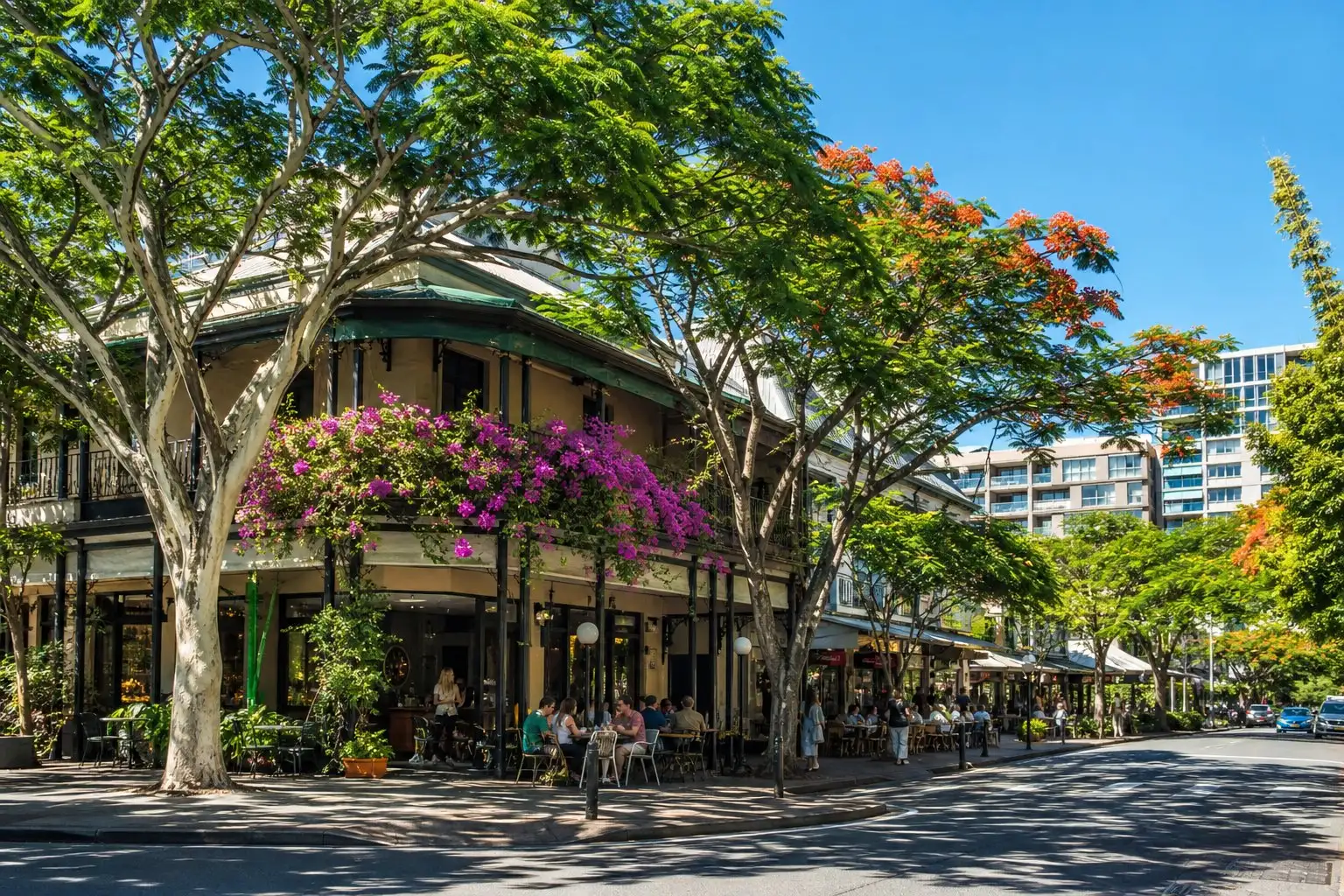 A corner cafe on a leafy Brisbane street at mid-morning, bougainvillea over the verandah and people at the footpath tables