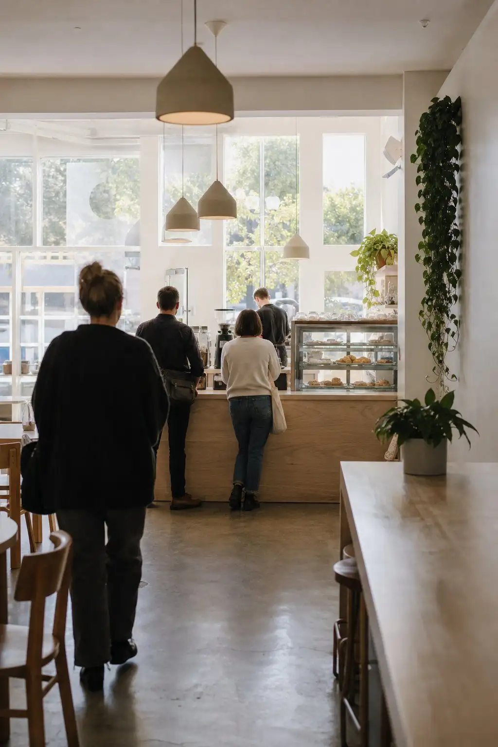 A suburban cafe in the morning rush: customers queue at a timber counter while the barista works the machine
