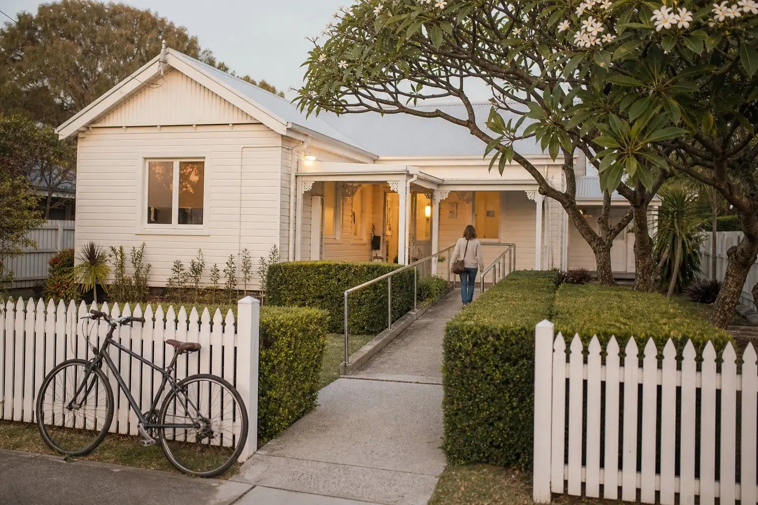 A small suburban clinic in a white weatherboard cottage in the morning, a bicycle at the picket fence