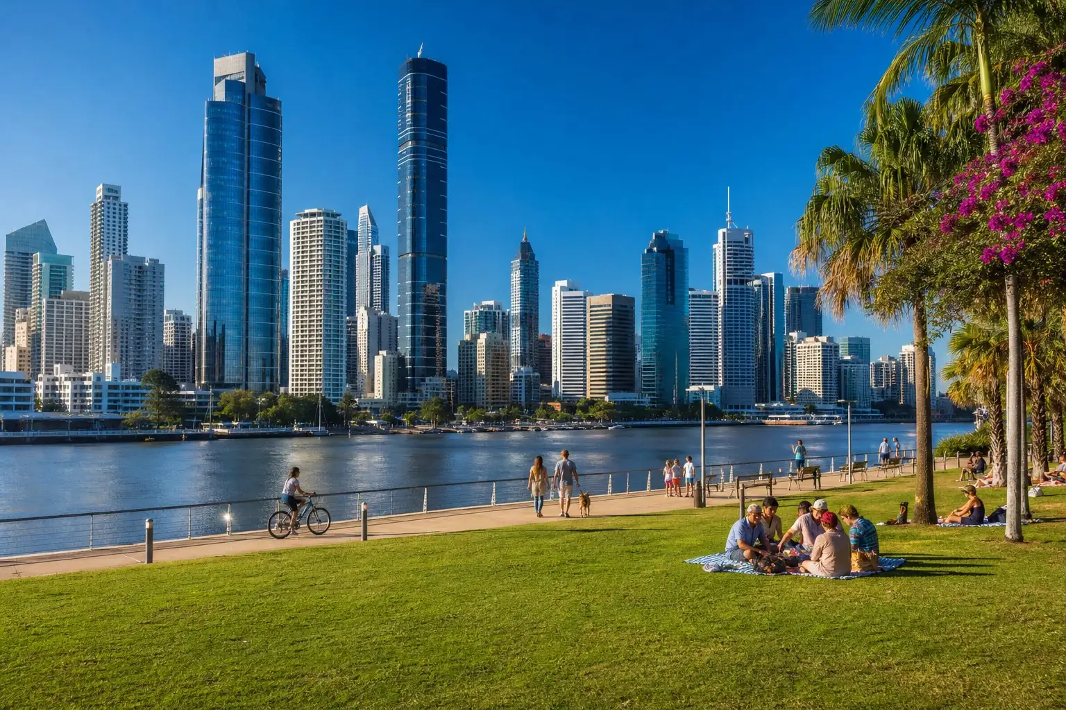 The Brisbane city towers across the river from the South Bank lawns on a sunny morning, friends picnicking on the grass and people walking and cycling the river path