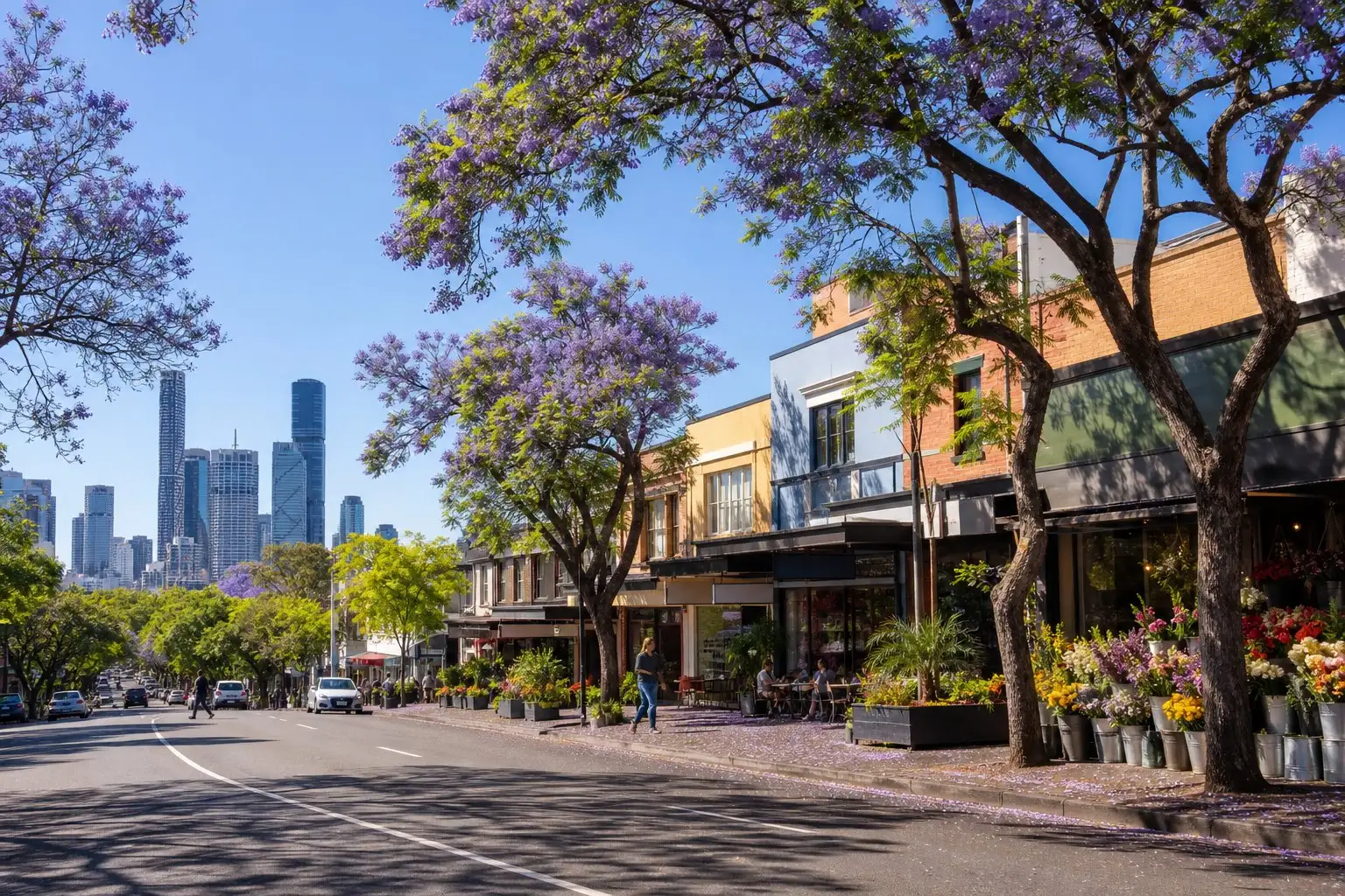 A leafy Brisbane high street in the morning: a florist's buckets on the footpath, a cafe and small shops under jacarandas, the city towers in the distance