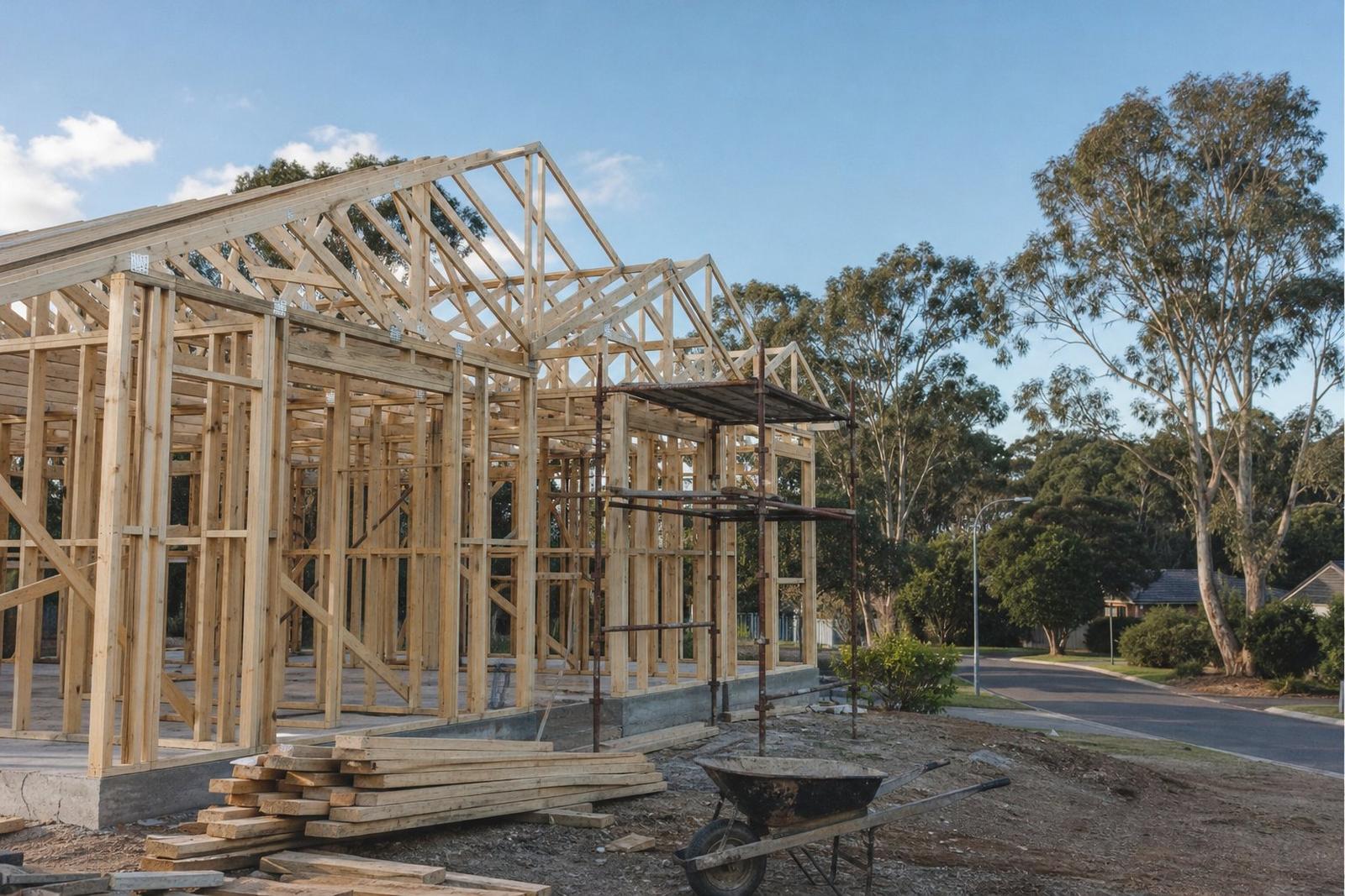 Timber wall frames and roof trusses standing on a new slab, with scaffolding and a stack of timber