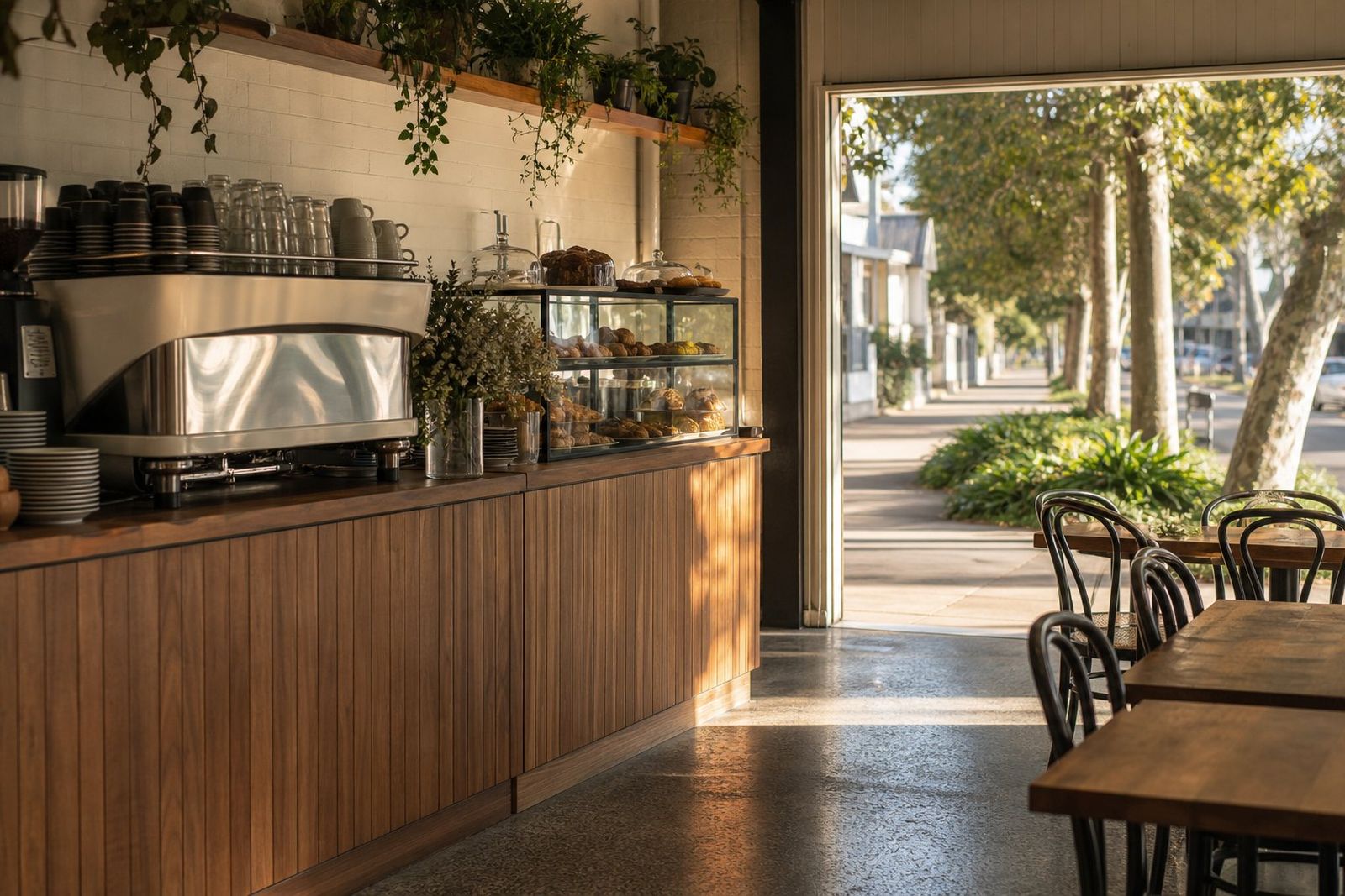 A neighbourhood cafe counter with an espresso machine, cups and a cabinet of pastries in morning sun