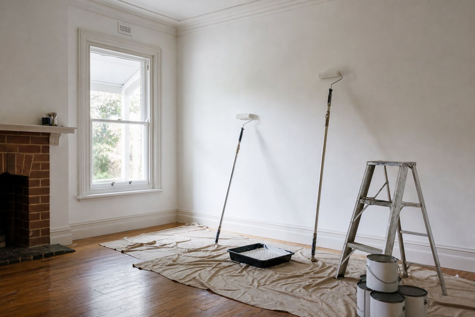 A freshly painted living room with drop sheets, rollers and paint tins on the floor