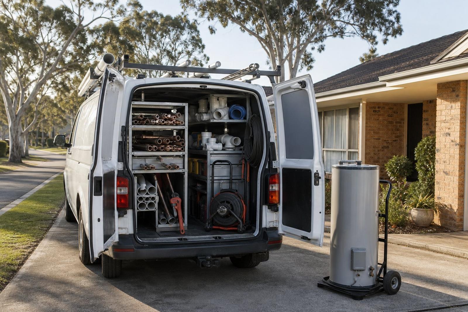 A plumber's van in a suburban driveway, its doors open on racked pipe and fittings, a new hot water system beside it