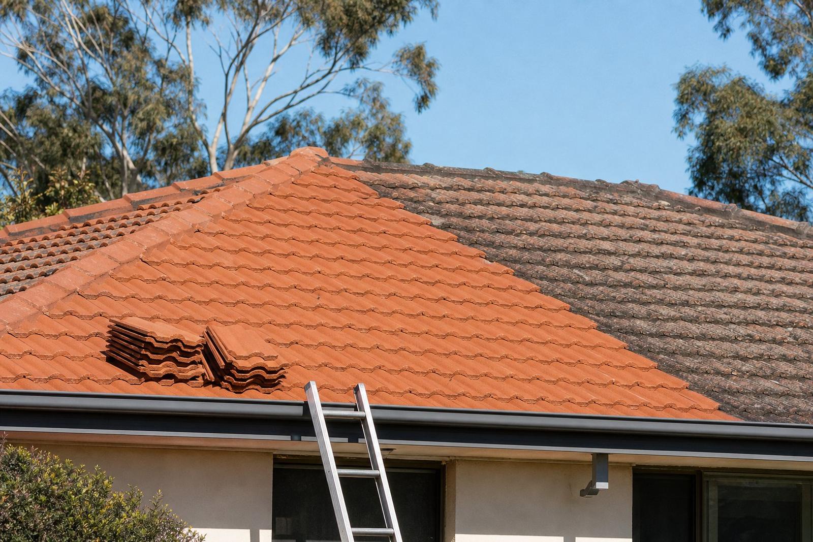 A suburban tile roof half restored, with new gutters and a ladder against the eaves