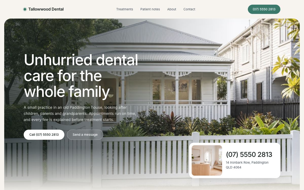 The first screen of the Tallowwood Dental sample site: a rounded photograph and a contact card