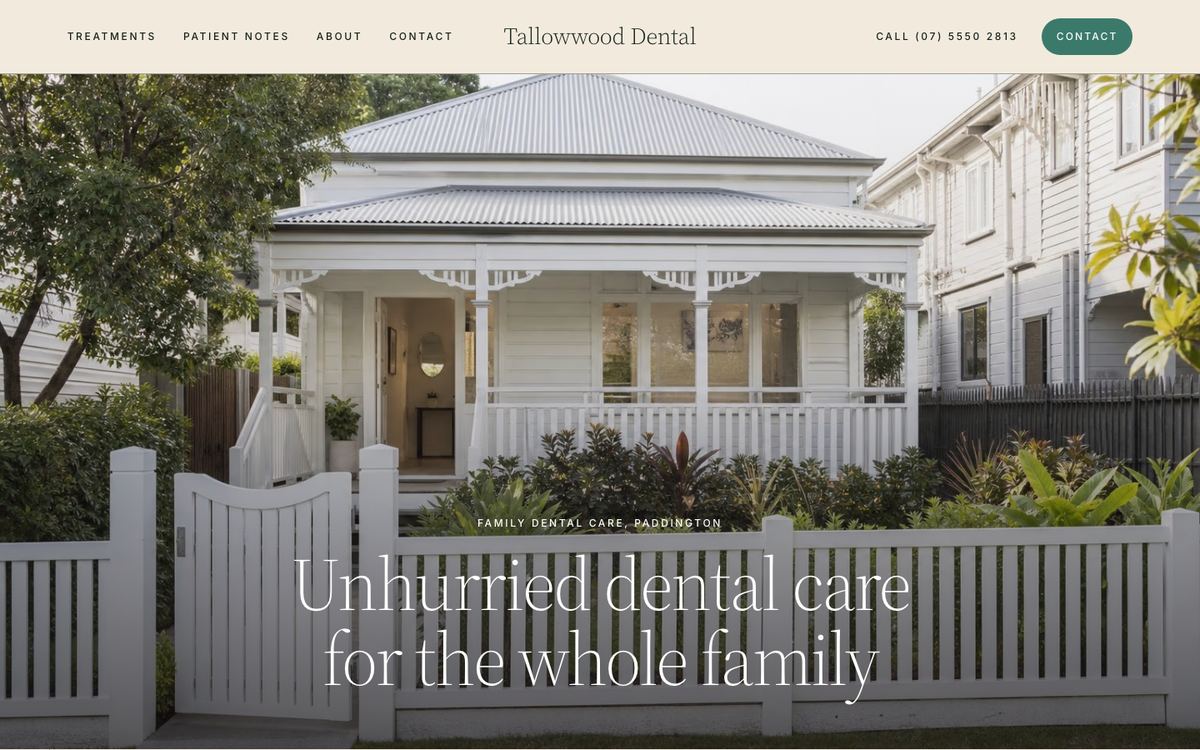 The first screen of the Tallowwood Dental sample site: photographs first, on a sand ground