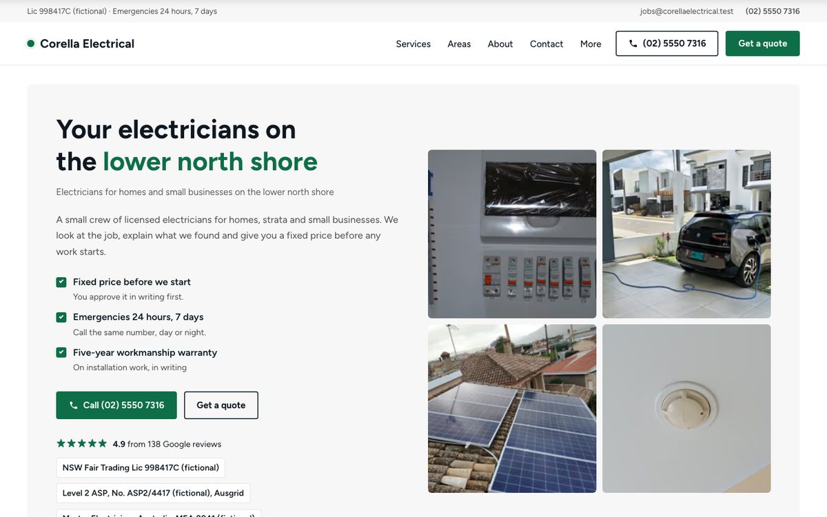 The first screen of the Corella Electrical sample site: job photographs on a grey card
