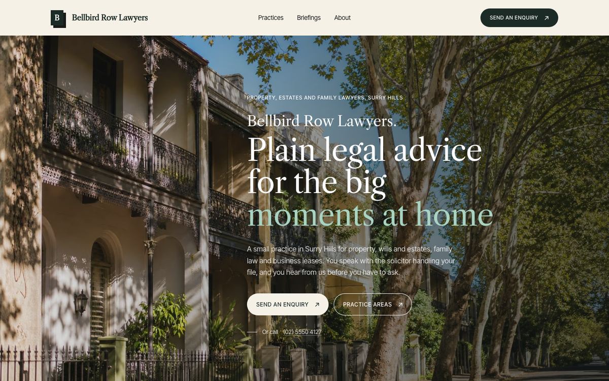 The first screen of the Bellbird Row Lawyers sample site: a headline down the photograph