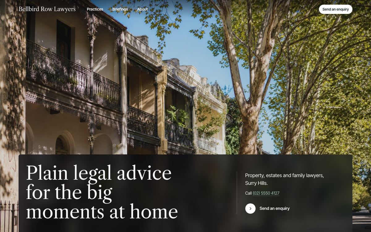 The first screen of the Bellbird Row Lawyers sample site: a glass panel and fine hairlines