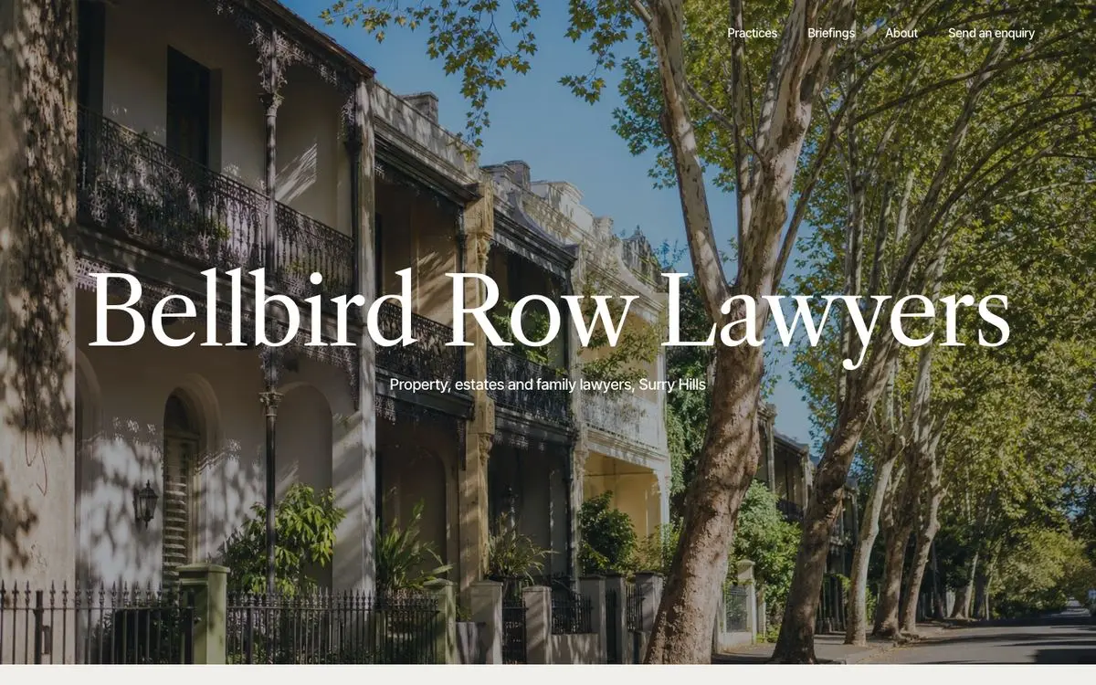 The Bellbird Row Lawyers sample website: a street photograph and a centred serif